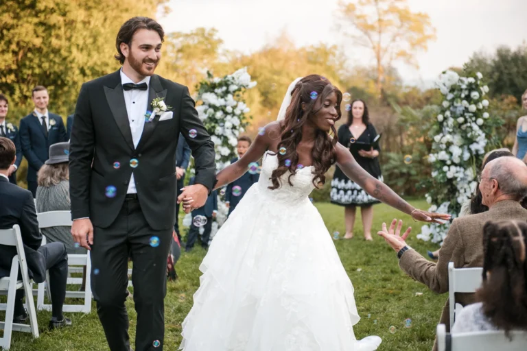 The couple walks back down the aisle hand in hand as the bride reaches out to a guest in the crowd at Harding Waterfront Estate in Oakville. Shot by Pixelesque Photography - Hamilton Wedding Photographer.