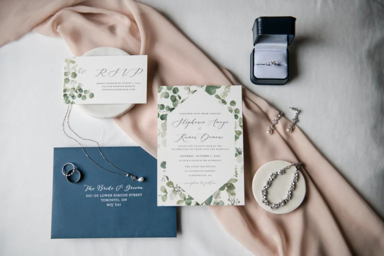 A bride's wedding details in a flat lay. Shot at Guild Inn Estate Scarborough by Pixelesque Photography - Hamilton Wedding Photographer.