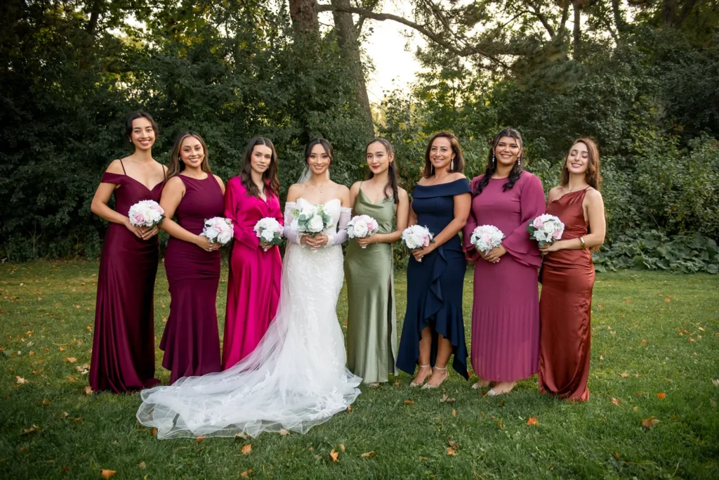 the bride and her bridesmaids in a line. One of many beautiful moments from a wedding at Harding Waterfront Estate in Oakville, by Pixelesque Photography - Hamilton Wedding Photographer.