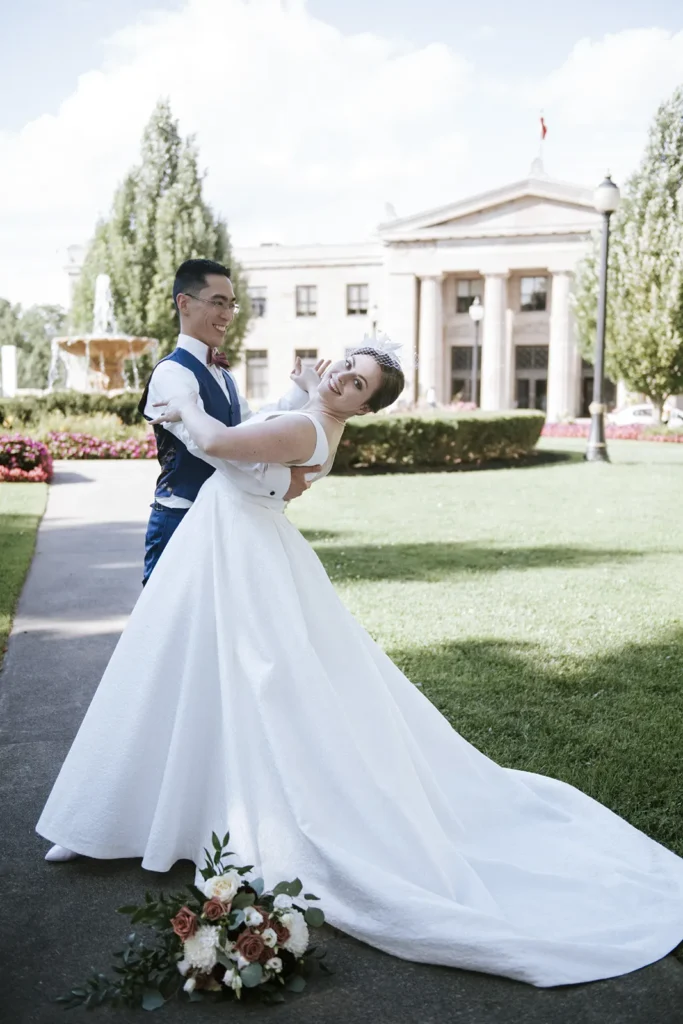 a bride and groom sharea dance in front of liuna station - - hamilton wedding venue - shot by hamilton wedding photographer- Pixelesque Photography