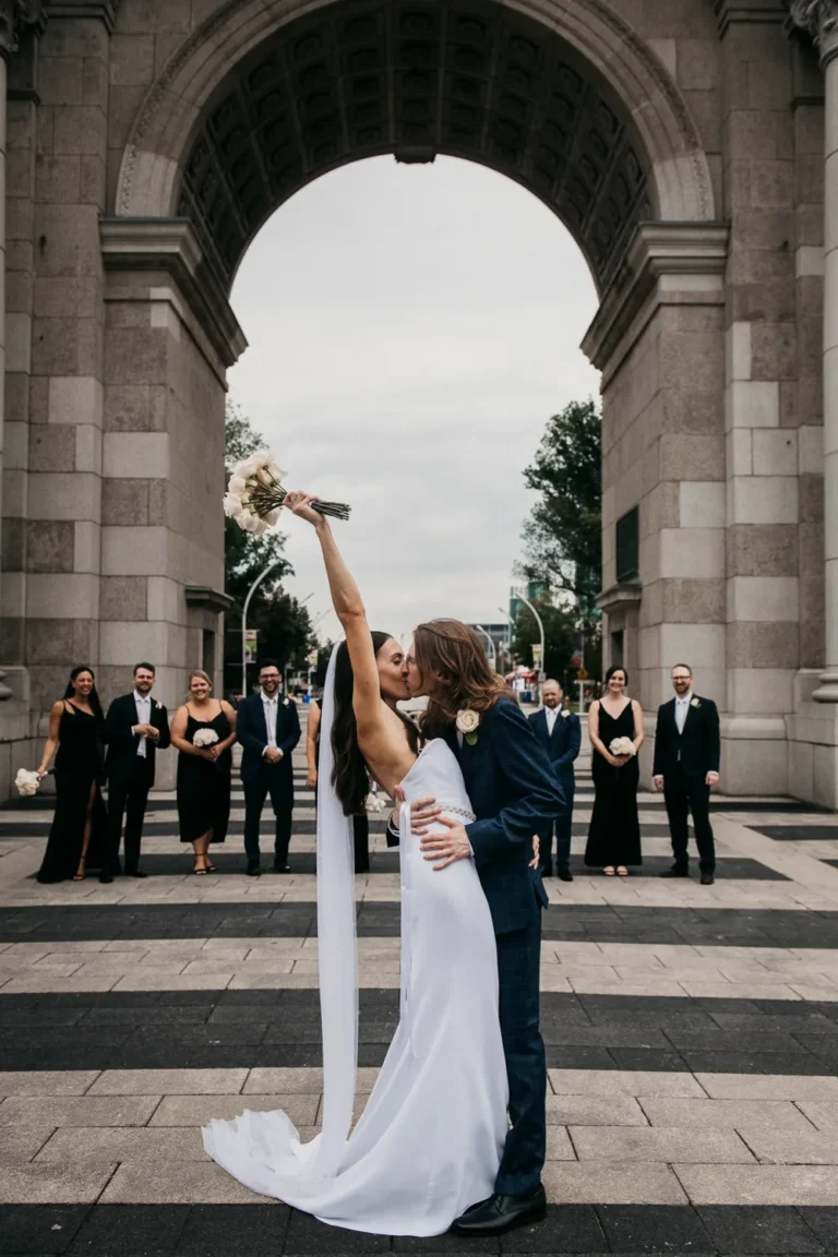 Wedding party portraits at the Princes’ Gates arch in Toronto before Palais Royale wedding - Shot by Pixelesque Photographer - Hamilton & GTA Wedding Photographer