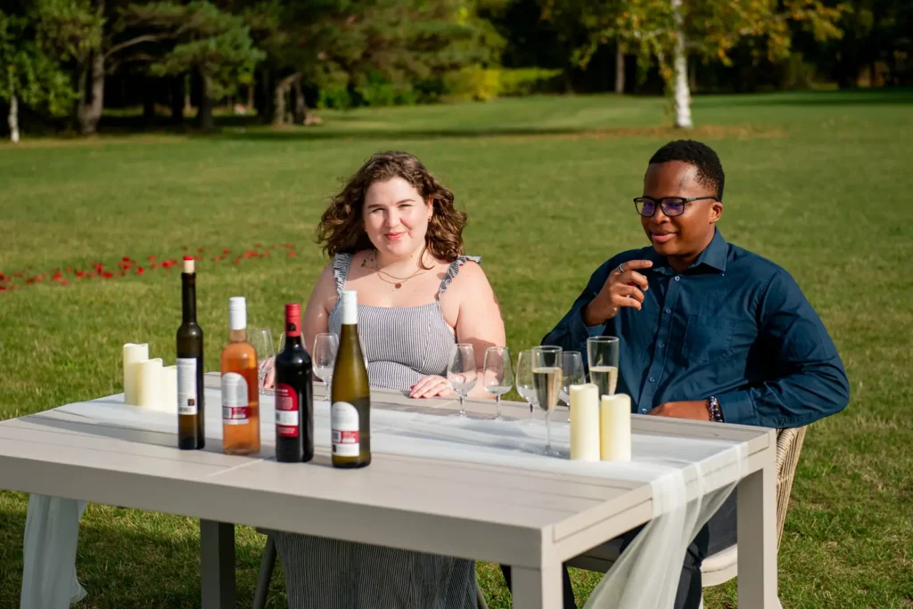 Romantic wine-tasting engagement photos at Konzelmann Estate in Niagara-on-the-Lake