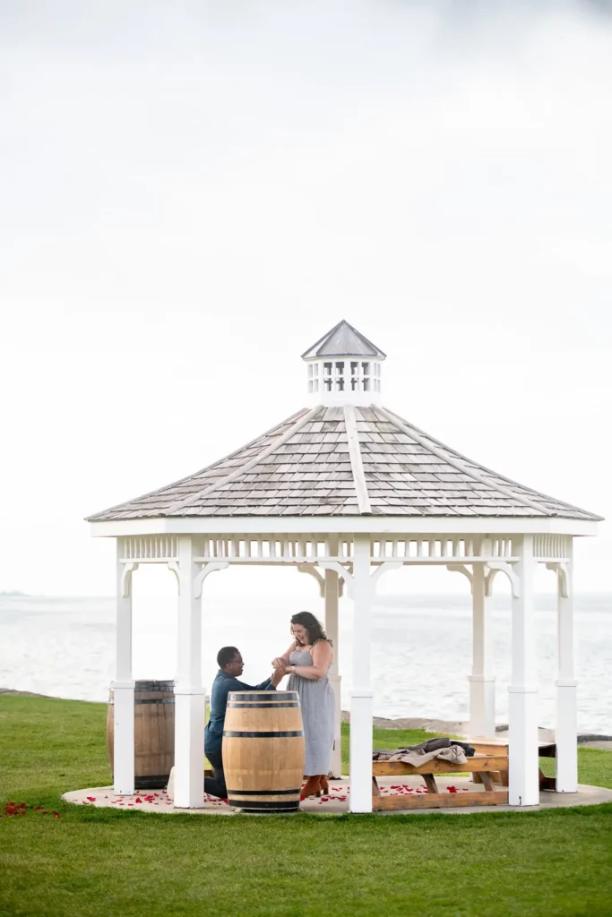 Emotional engagement moment at Konzelmann Estate gazebo with rose petals and waterfront views