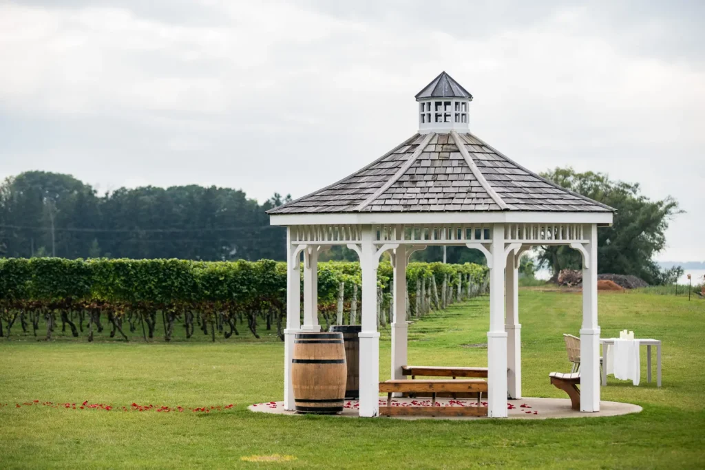 Surprise proposal at Konzelmann Estate Winery in Niagara-on-the-Lake overlooking Lake Ontario