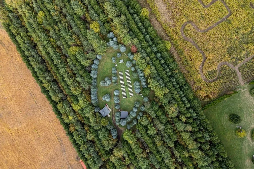 The Barn at Brooks Farms' Ceremony space hidden by trees is revealed from the skies. A wedding day drone photograph shot by Pixelesque Photography - Hamilton wedding Photographer.
