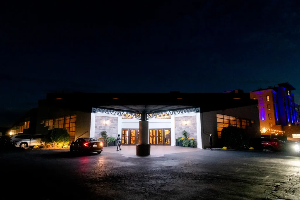 a nighttime shot of the exterior of the wedding venue. Shot at Carmen's Event Centre, Hamilton by Pixelesque Photography.