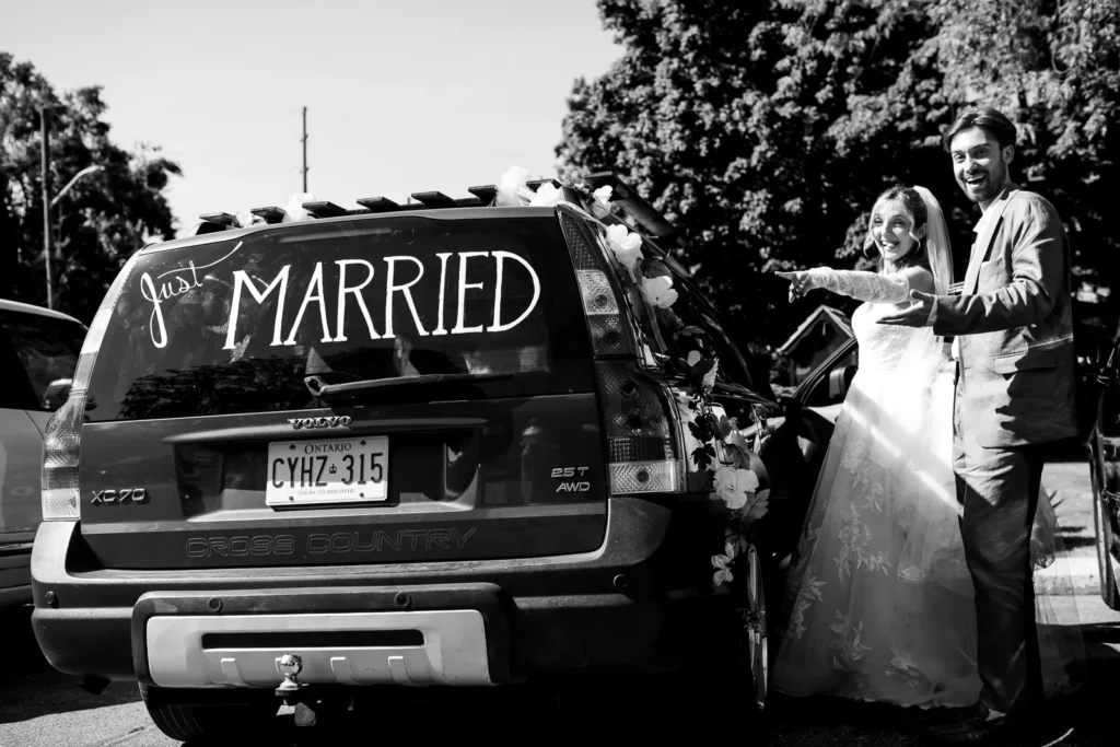 Just Married sign on the back of the groom’s Volvo XC70 in Picton.