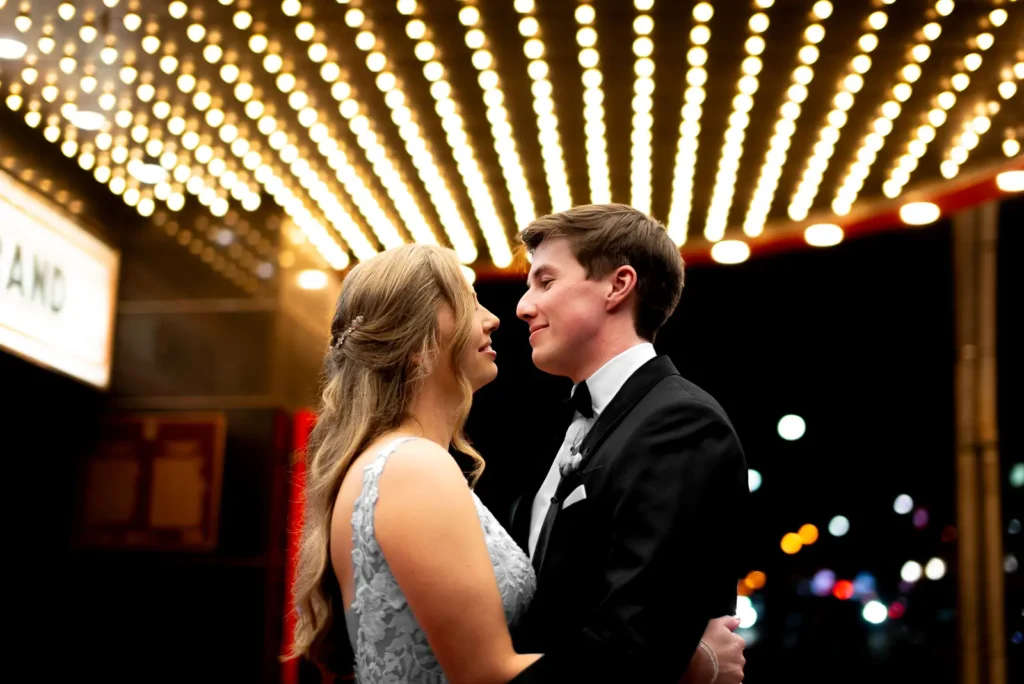 Nighttime couple portraits Toronto wedding cinema marquee