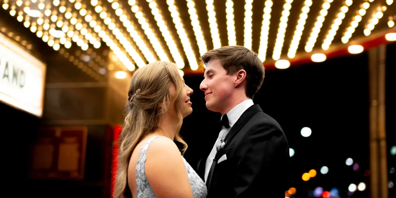 Nighttime couple portraits Toronto wedding cinema marquee