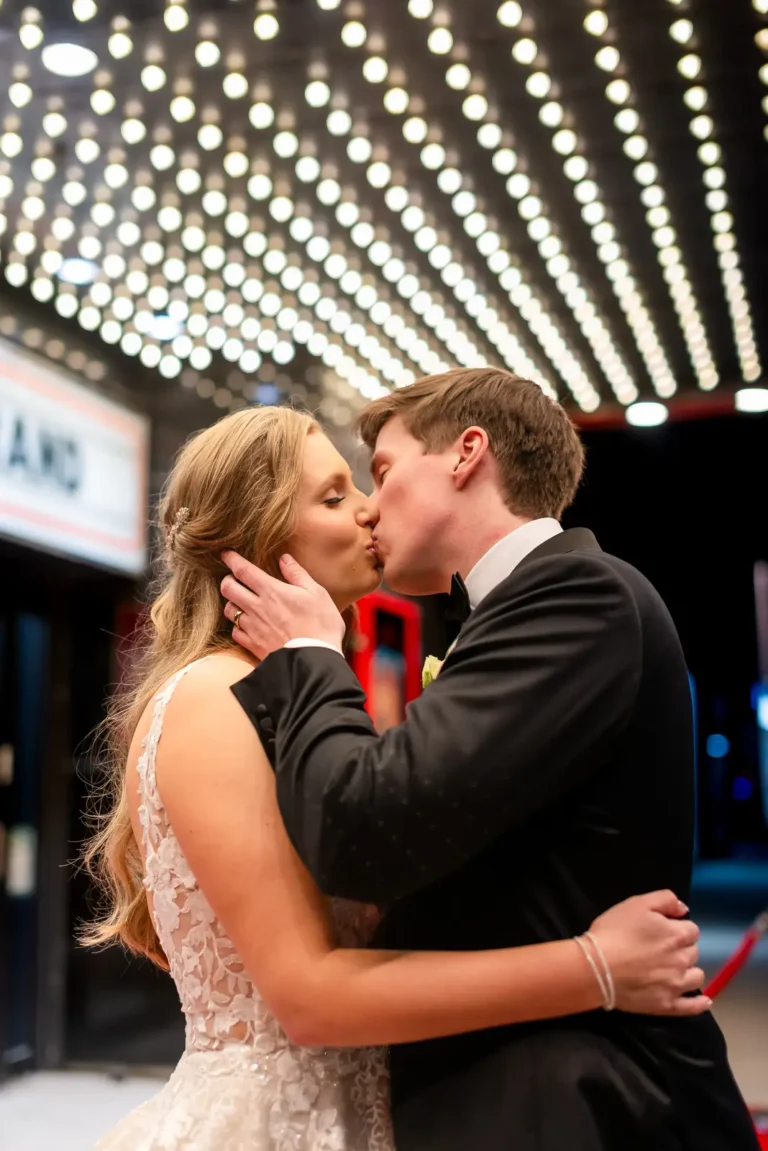 Nighttime couple portraits Toronto wedding cinema marquee