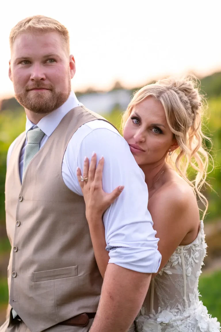 Sunset vineyard wedding portraits at Waupoos Estates Winery in Picton