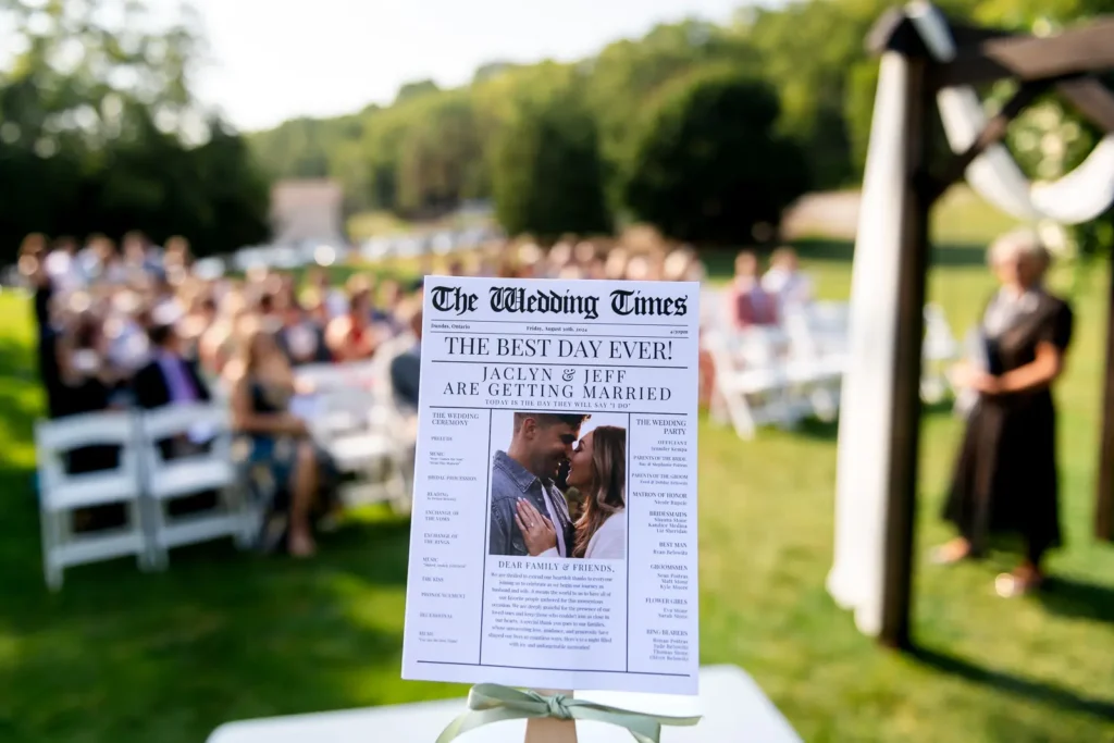a mock newspaper as the wedding program with the ceremony behind it