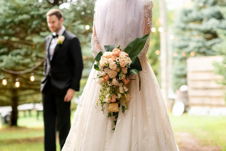 Wedding couple portrait in tree lined path at The Barn Event Space Uxbridge Ontario