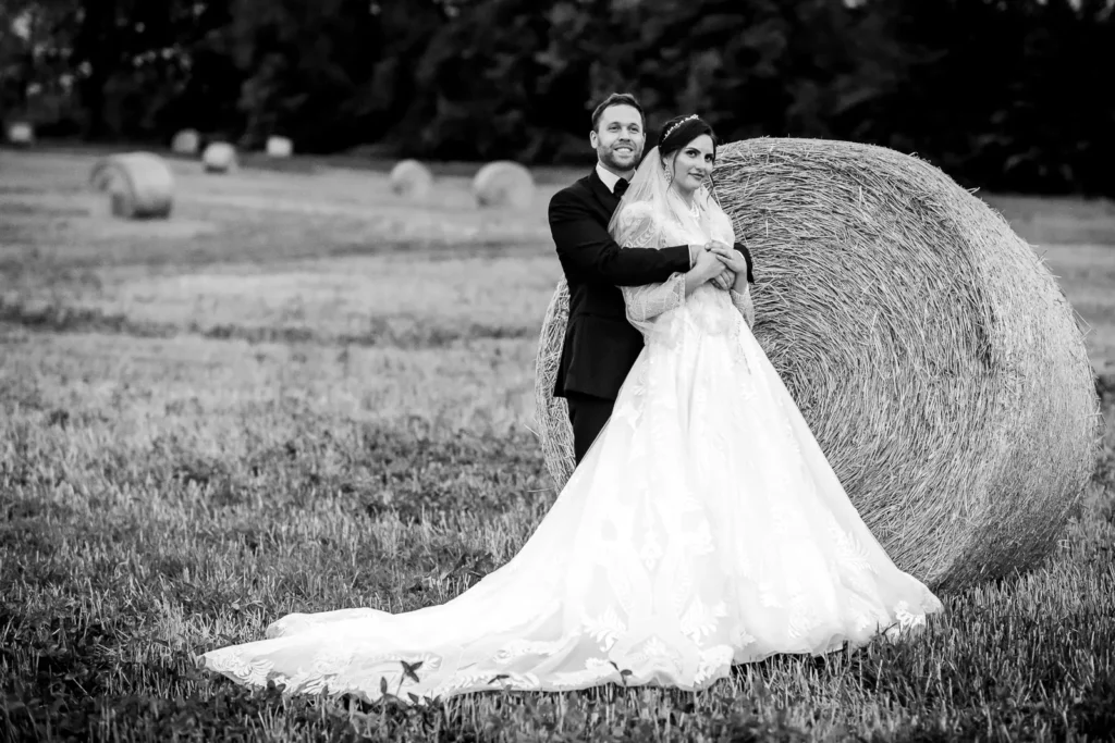 Sunset wedding photos hay bales farm Uxbridge Ontario